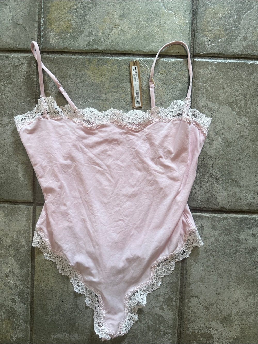 SKIMS Light Pink Lace-Trim Slip Bodysuit